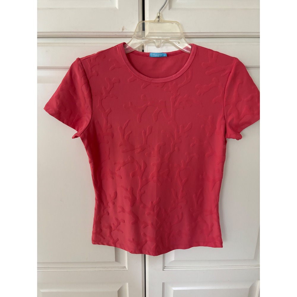 J.McLaughlin Coral Pink Jacquard Textured Short Sleeve Crew Neck‎ Top Size S